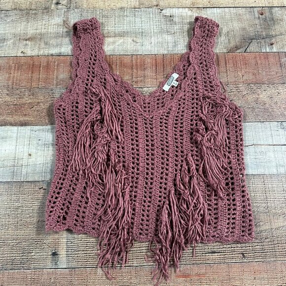 Gimmick Women's Crochet Fringe Cropped Tank Top in Pink -S - Picture 1 of 6